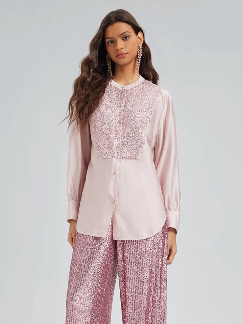 NWT Rich Radi Q's Sequin-Stitched French-Style Shirt, Blush, Sz Large MSRP $199